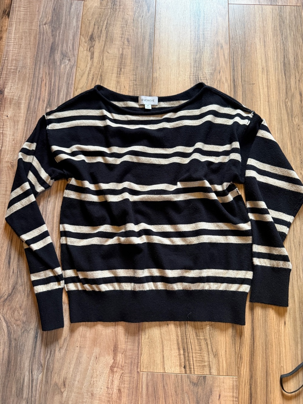 Evereve Black and Cream Striped Women's Sweater, roll boat neck